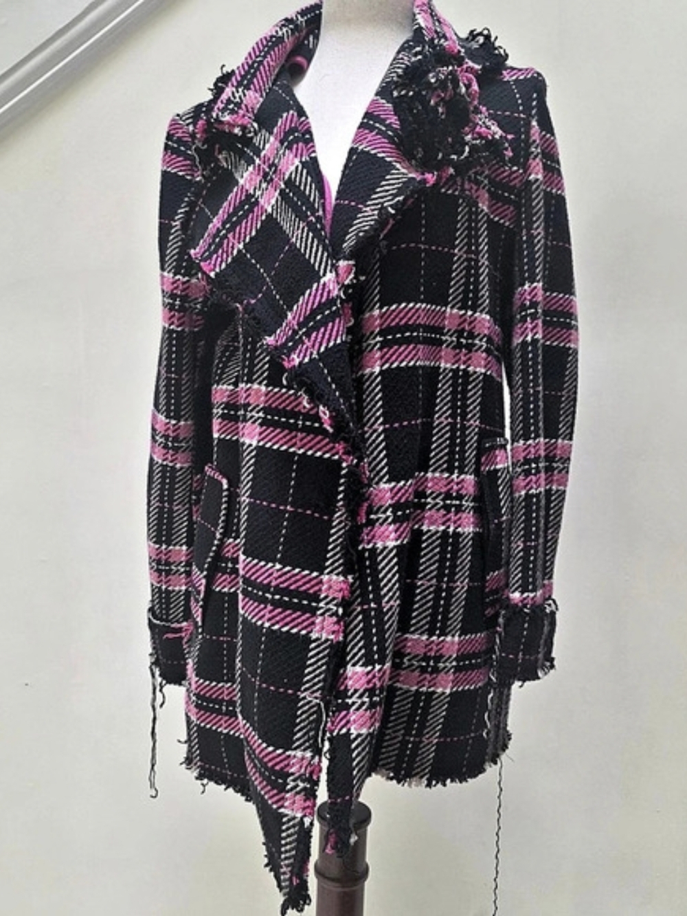 Made in Italy Frayed Tweed Plaid Blazer Jacket S Pink Black Coquette Punk